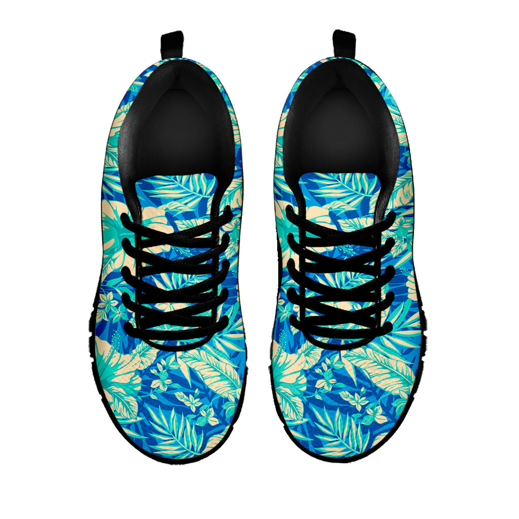 Blue Blossom Tropical Pattern Print Black Running Shoes