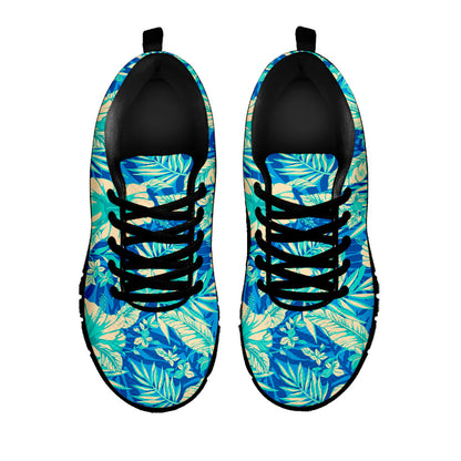 Blue Blossom Tropical Pattern Print Black Running Shoes