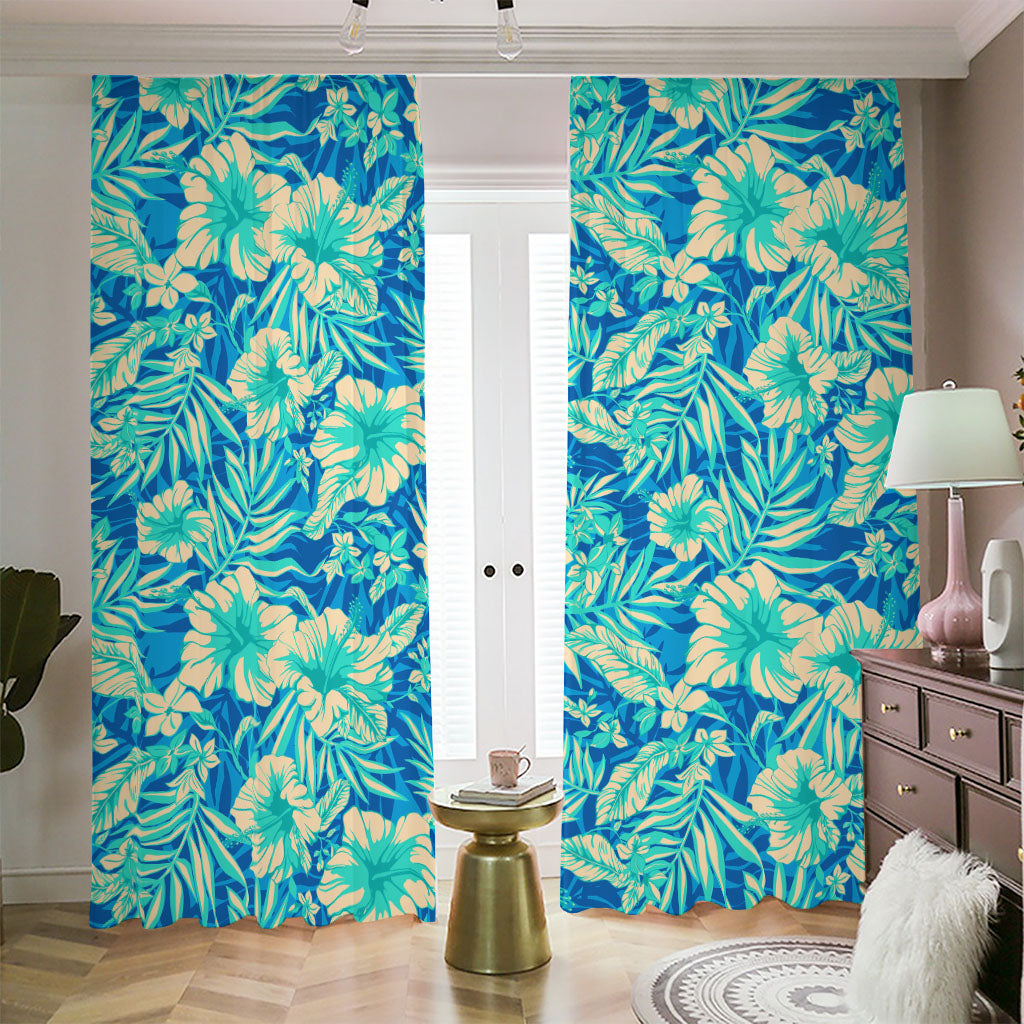 Blue Blossom Tropical Pattern Print Blackout Pencil Pleat Curtains