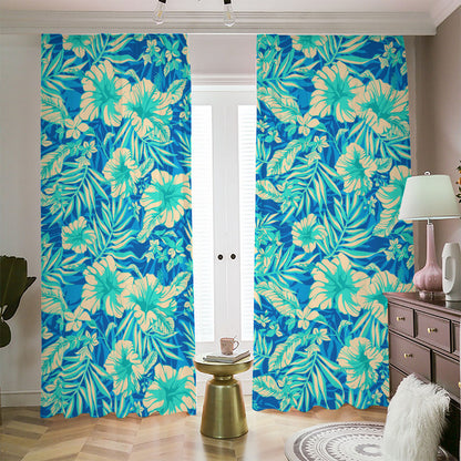 Blue Blossom Tropical Pattern Print Blackout Pencil Pleat Curtains