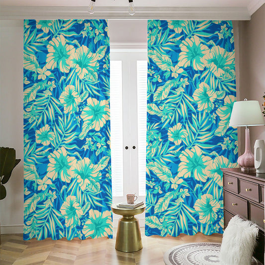 Blue Blossom Tropical Pattern Print Blackout Pencil Pleat Curtains