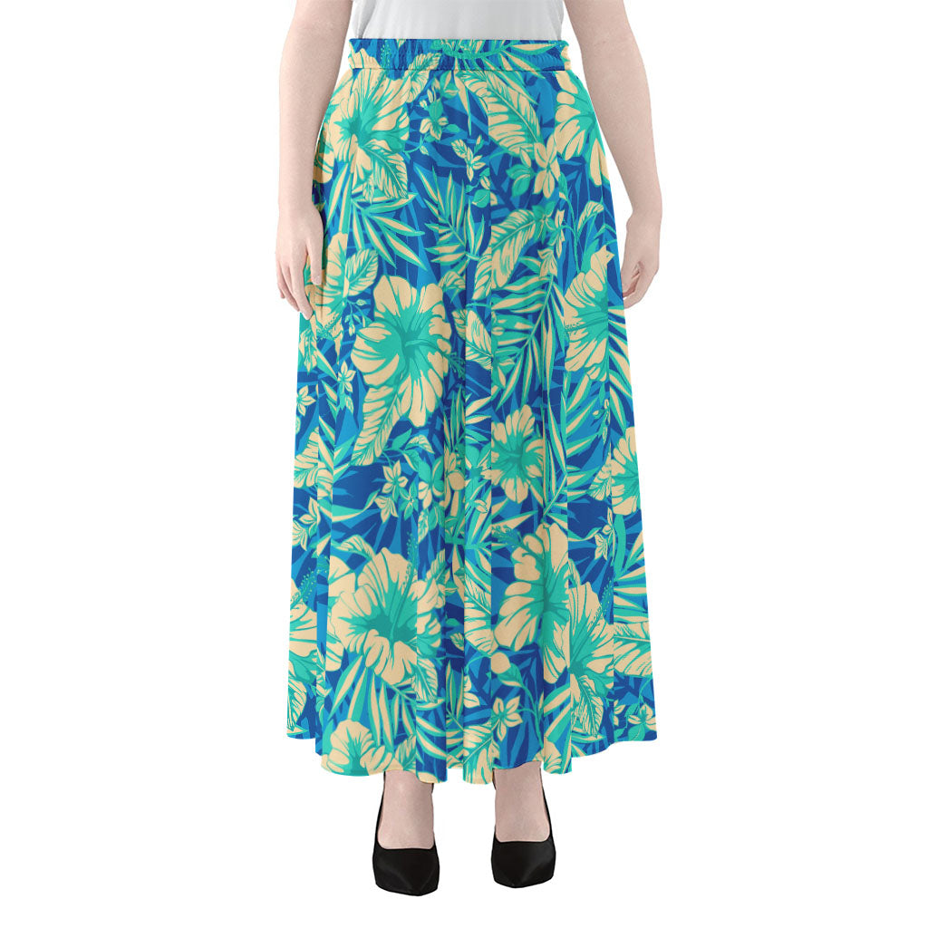 Blue Blossom Tropical Pattern Print Chiffon Maxi Skirt