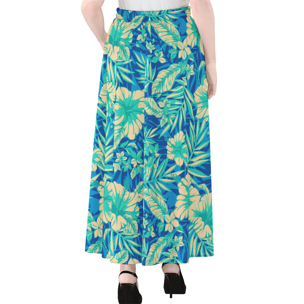Blue Blossom Tropical Pattern Print Chiffon Maxi Skirt