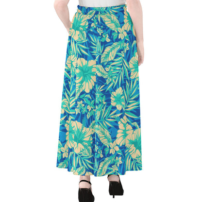 Blue Blossom Tropical Pattern Print Chiffon Maxi Skirt