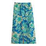Blue Blossom Tropical Pattern Print Cotton Front Slit Maxi Skirt