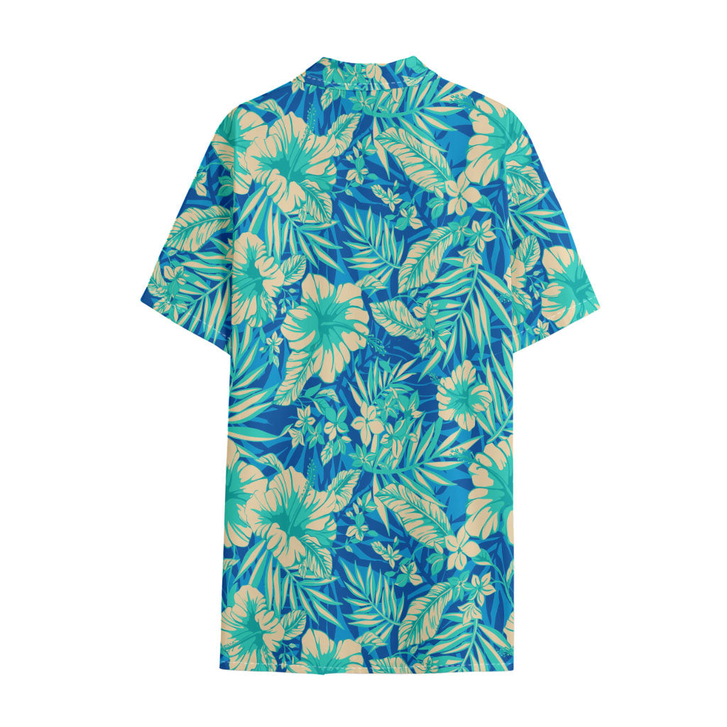 Blue Blossom Tropical Pattern Print Cotton Hawaiian Shirt