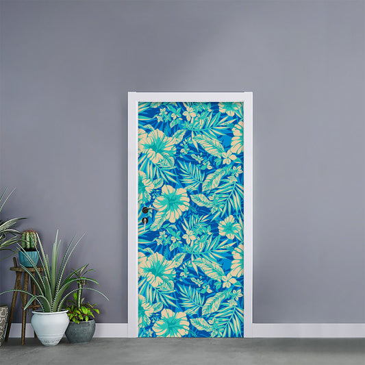 Blue Blossom Tropical Pattern Print Door Sticker