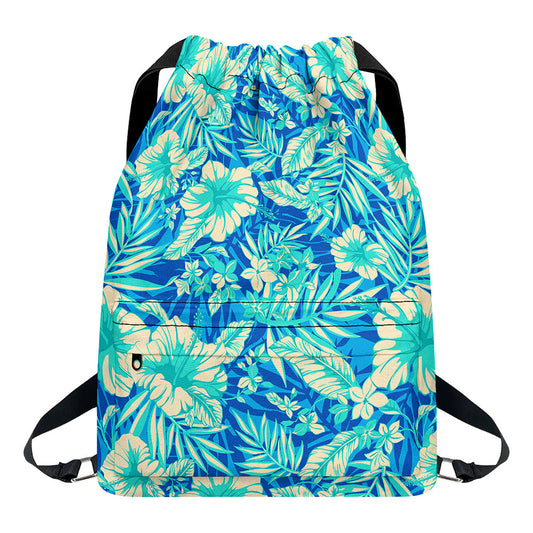 Blue Blossom Tropical Pattern Print Drawstring Backpack
