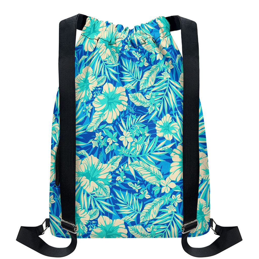 Blue Blossom Tropical Pattern Print Drawstring Backpack