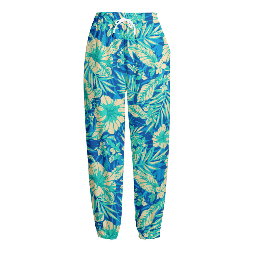 Blue Blossom Tropical Pattern Print Fleece Lined Knit Pants