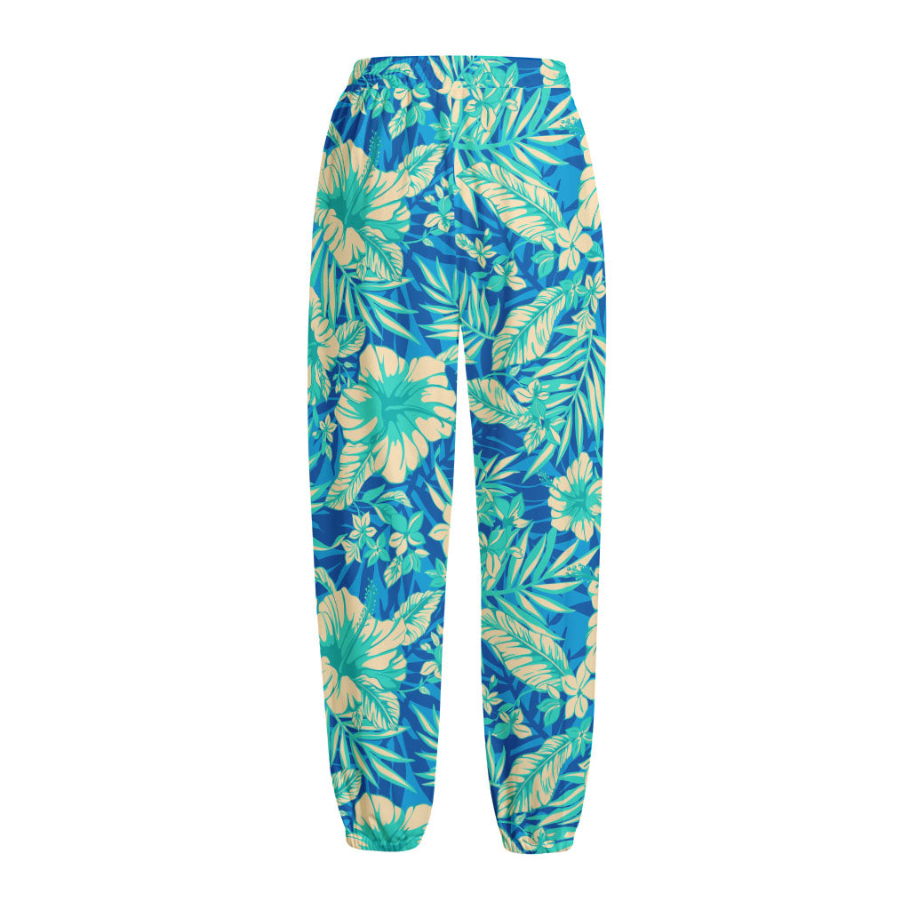 Blue Blossom Tropical Pattern Print Fleece Lined Knit Pants