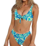 Blue Blossom Tropical Pattern Print Front Bow Tie Bikini