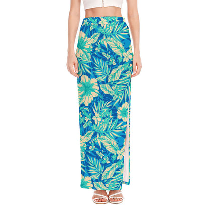 Blue Blossom Tropical Pattern Print High Slit Maxi Skirt
