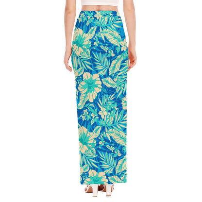 Blue Blossom Tropical Pattern Print High Slit Maxi Skirt