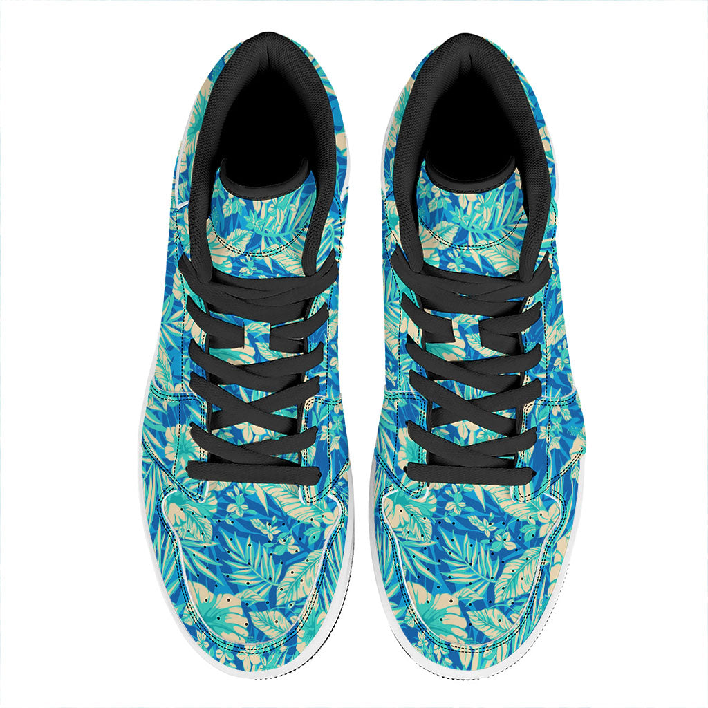 Blue Blossom Tropical Pattern Print High Top Leather Sneakers