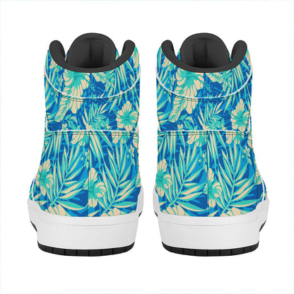 Blue Blossom Tropical Pattern Print High Top Leather Sneakers