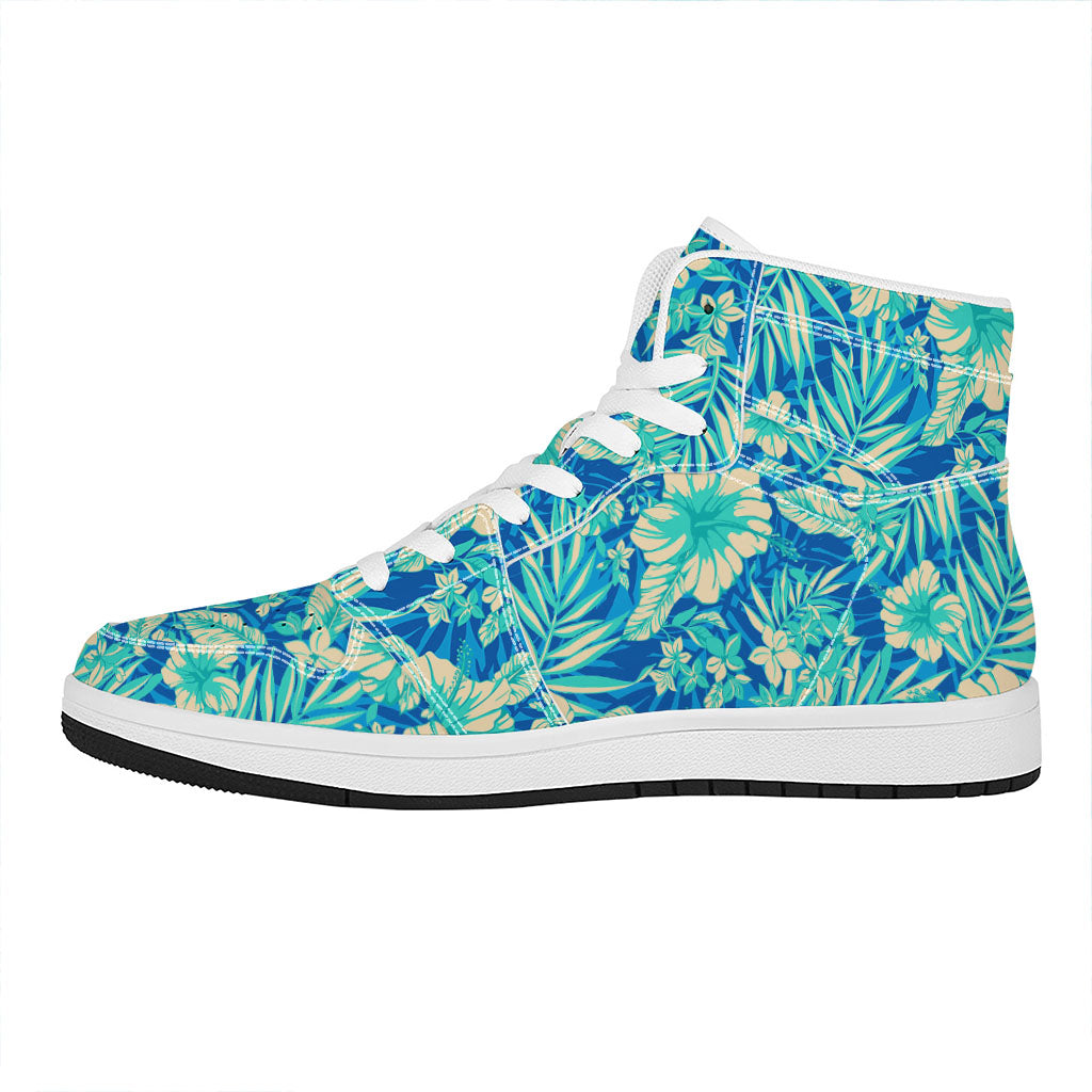 Blue Blossom Tropical Pattern Print High Top Leather Sneakers
