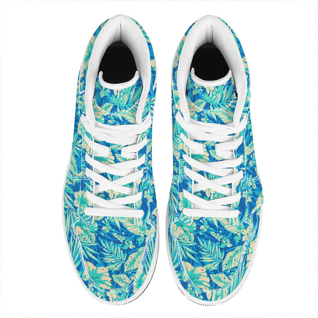 Blue Blossom Tropical Pattern Print High Top Leather Sneakers