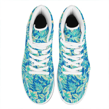 Blue Blossom Tropical Pattern Print High Top Leather Sneakers