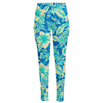 Blue Blossom Tropical Pattern Print High-Waisted Pocket Leggings