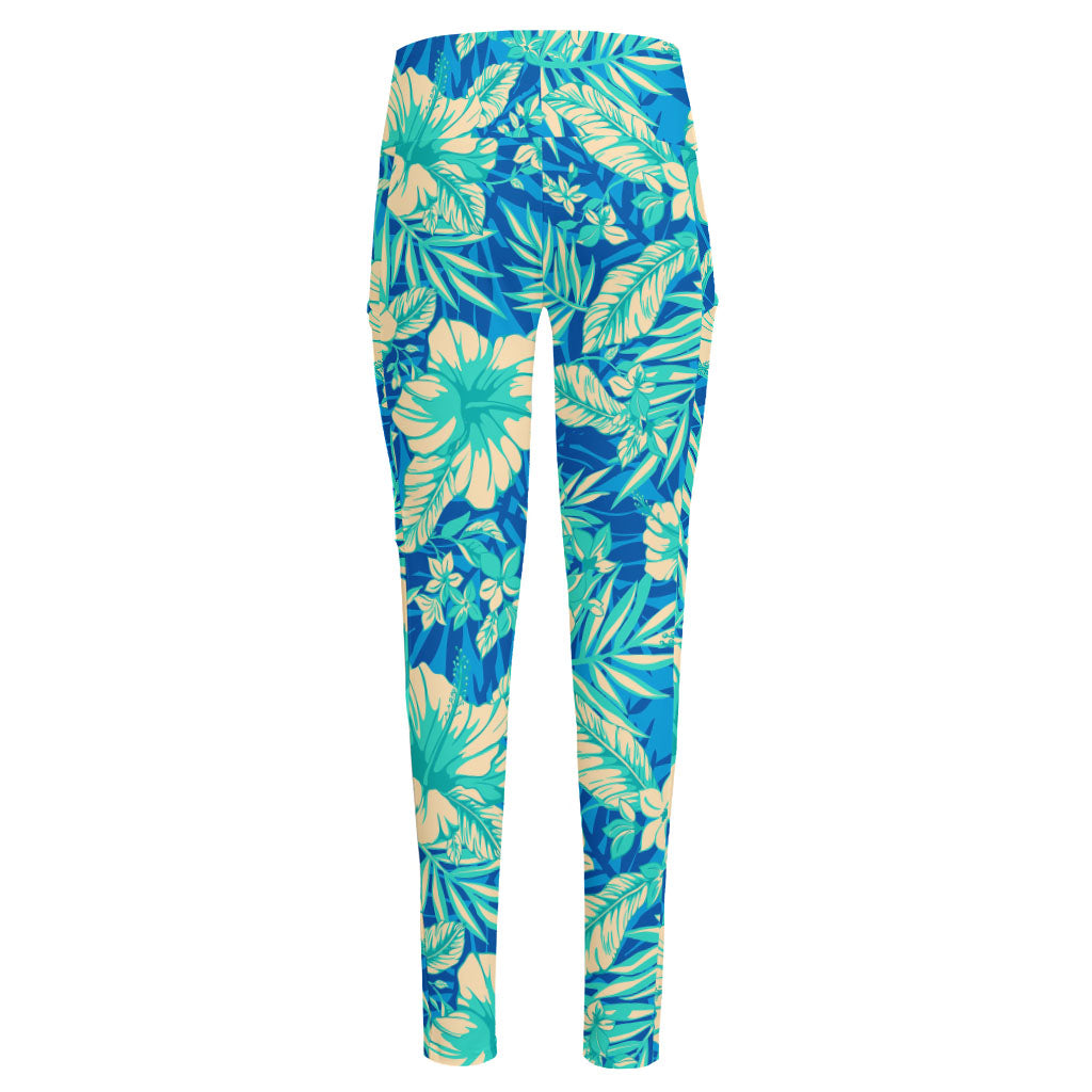 Blue Blossom Tropical Pattern Print High-Waisted Pocket Leggings