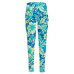 Blue Blossom Tropical Pattern Print High-Waisted Pocket Leggings