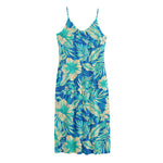 Blue Blossom Tropical Pattern Print Jersey Midi Cami Dress