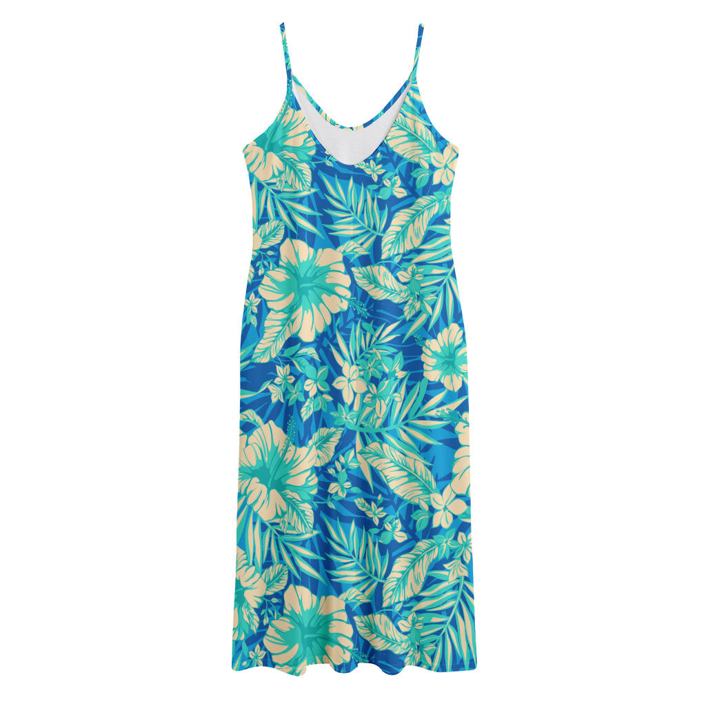 Blue Blossom Tropical Pattern Print Jersey Midi Cami Dress