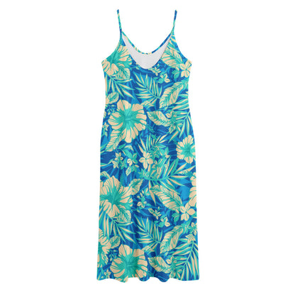 Blue Blossom Tropical Pattern Print Jersey Midi Cami Dress