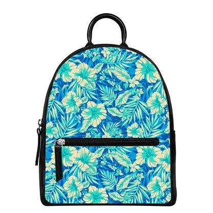 Blue Blossom Tropical Pattern Print Leather Backpack