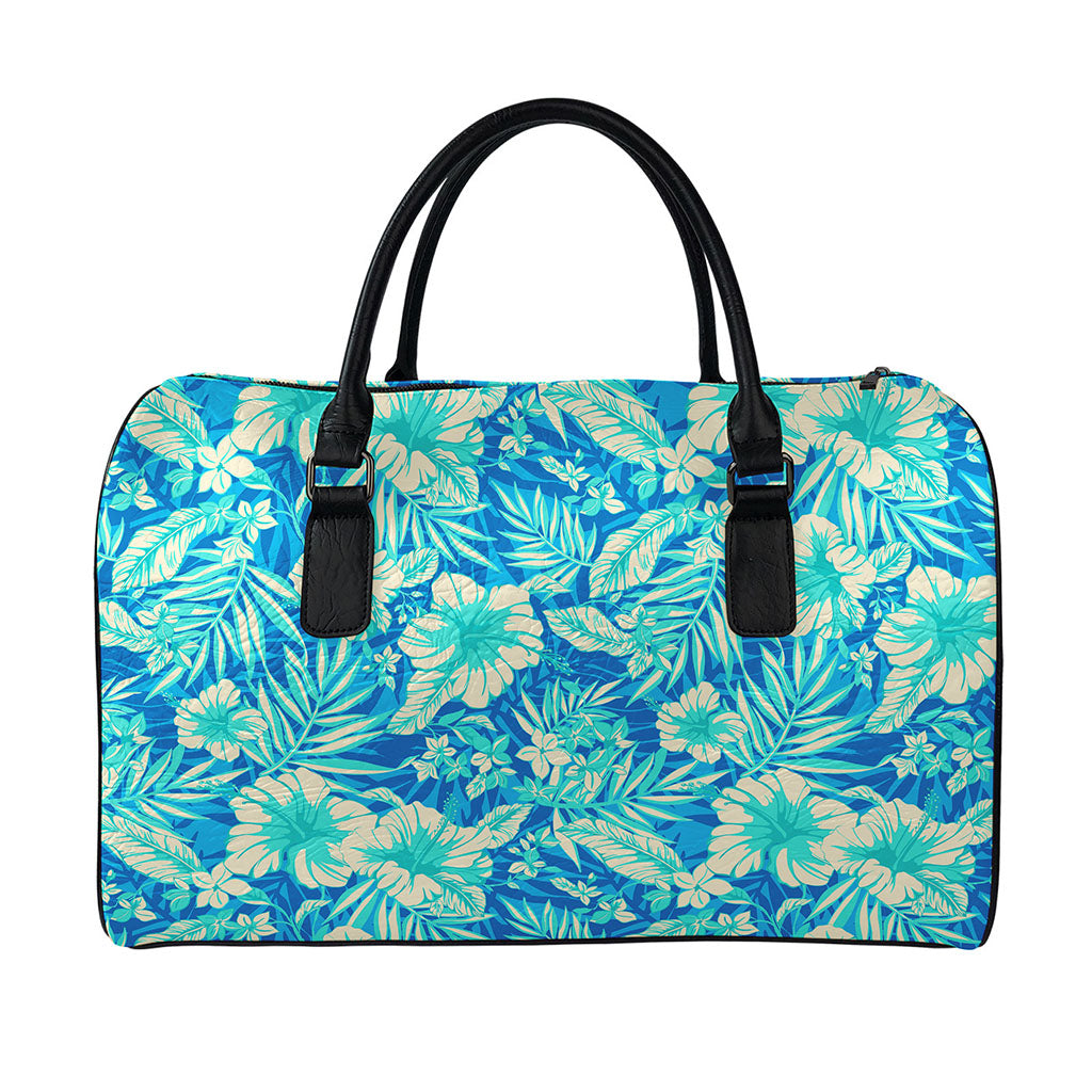 Blue Blossom Tropical Pattern Print Leather Duffle Bag