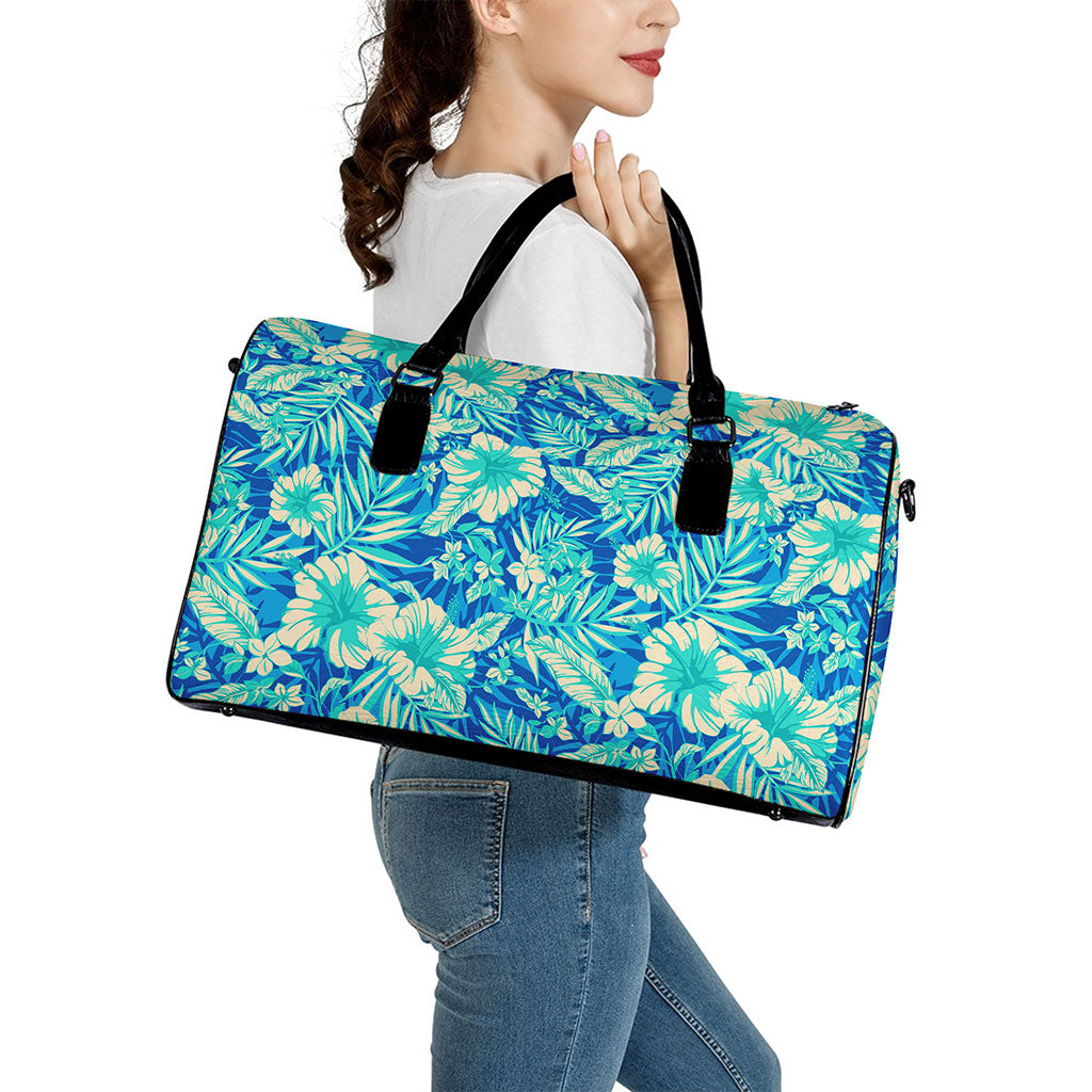 Blue Blossom Tropical Pattern Print Leather Duffle Bag