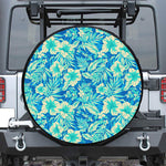 Blue Blossom Tropical Pattern Print Leather Spare Tire Cover