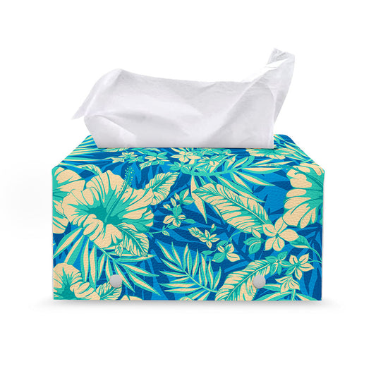 Blue Blossom Tropical Pattern Print Leather Tissue Box Cover