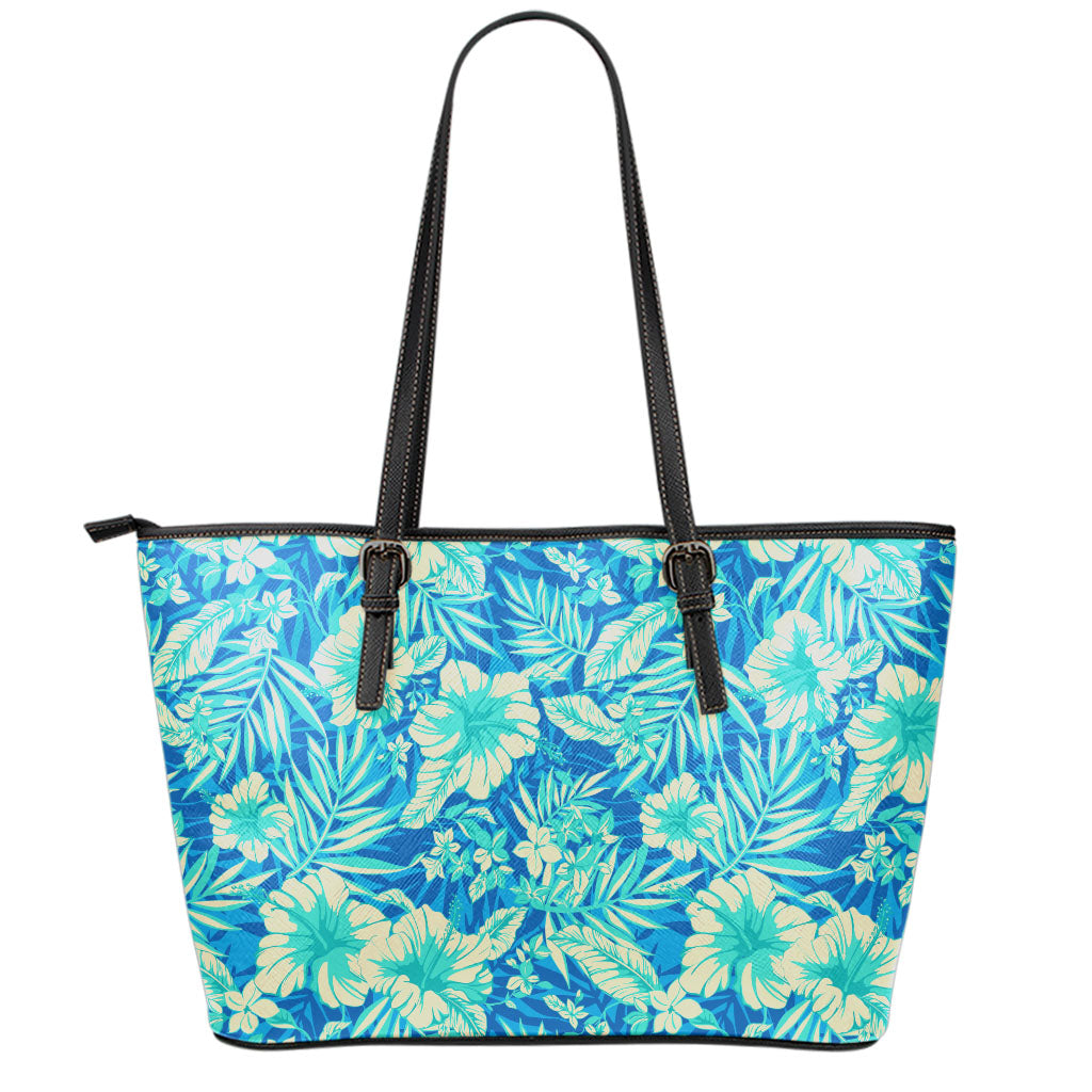 Blue Blossom Tropical Pattern Print Leather Tote Bag