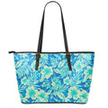 Blue Blossom Tropical Pattern Print Leather Tote Bag With Zipper