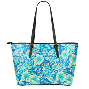 Blue Blossom Tropical Pattern Print Leather Tote Bag