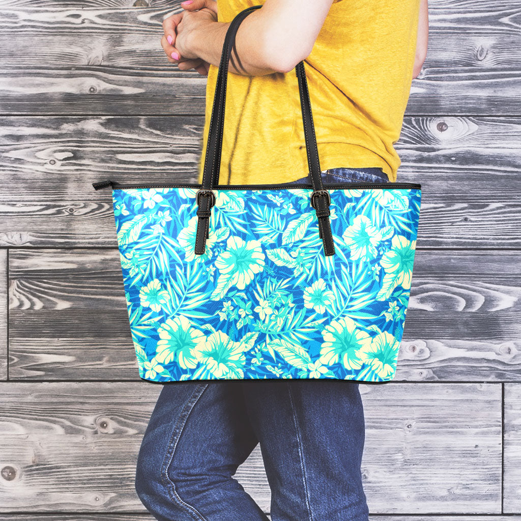 Blue Blossom Tropical Pattern Print Leather Tote Bag