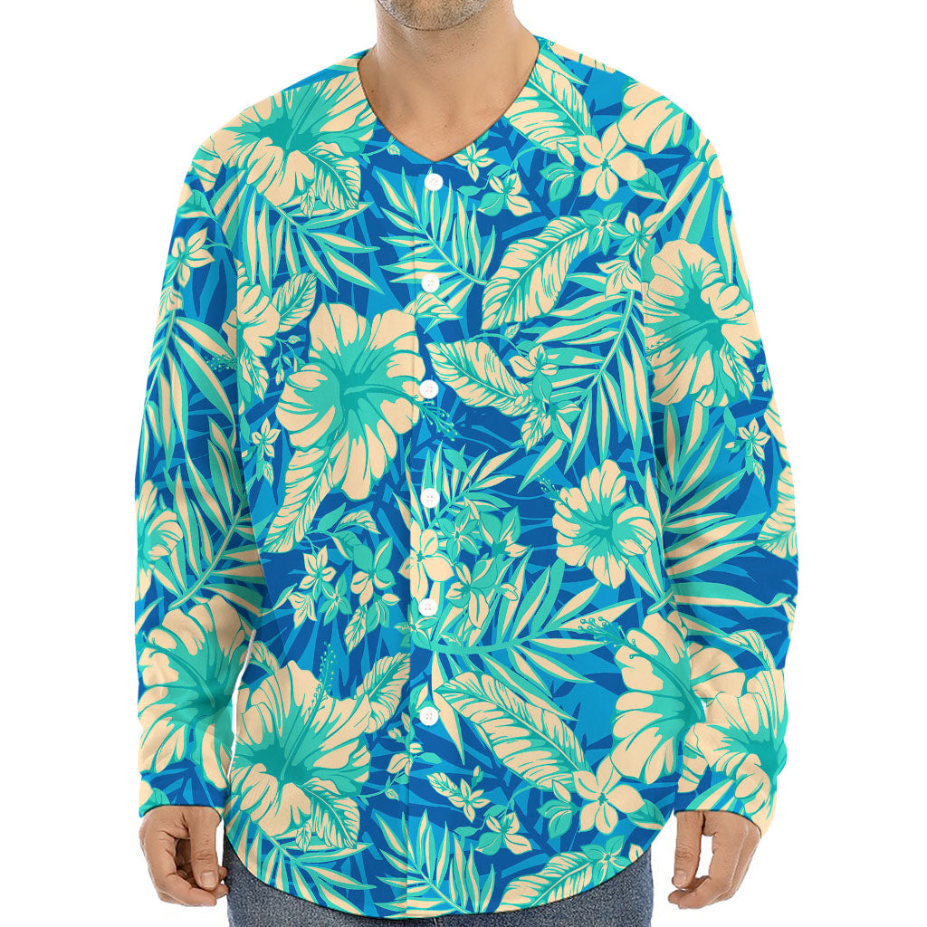 Blue Blossom Tropical Pattern Print Long Sleeve Baseball Jersey