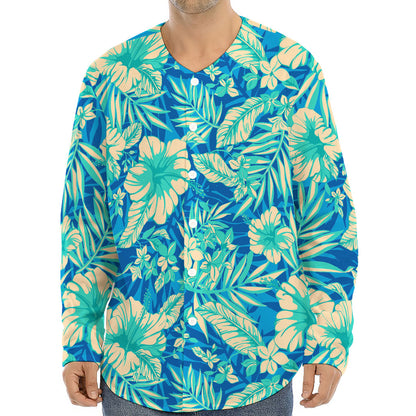 Blue Blossom Tropical Pattern Print Long Sleeve Baseball Jersey