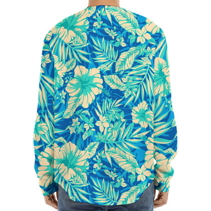 Blue Blossom Tropical Pattern Print Long Sleeve Baseball Jersey