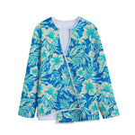 Blue Blossom Tropical Pattern Print Long Sleeve Short Coat
