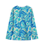 Blue Blossom Tropical Pattern Print Long Sleeve Short Coat