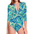 Blue Blossom Tropical Pattern Print Long Sleeve Swimsuit