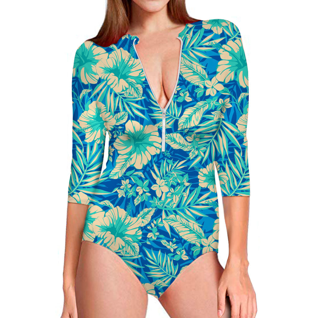 Blue Blossom Tropical Pattern Print Long Sleeve Swimsuit