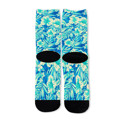 Blue Blossom Tropical Pattern Print Long Socks