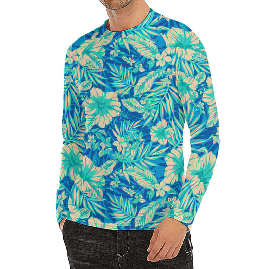 Blue Blossom Tropical Pattern Print Men's Long Sleeve Rash Guard