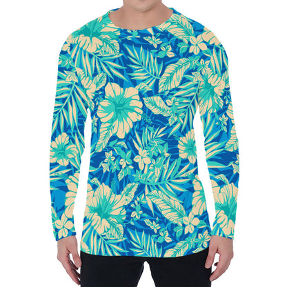Blue Blossom Tropical Pattern Print Men's Long Sleeve T-Shirt