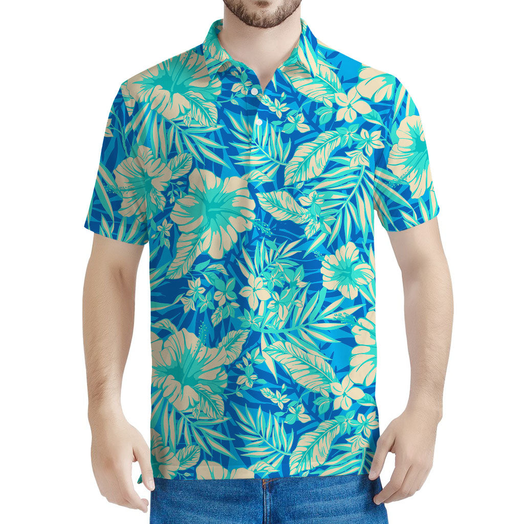 Blue Blossom Tropical Pattern Print Men's Polo Shirt