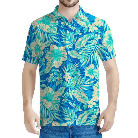 Blue Blossom Tropical Pattern Print Men's Polo Shirt